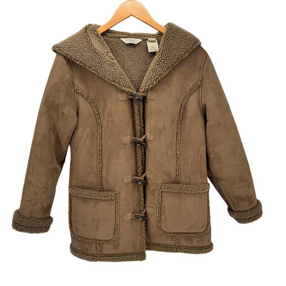 LL Bean Jacket Womens Petite Medium Mp Faux Suede Sherpa Lined Hood Toggle Up - Picture 1 of 9